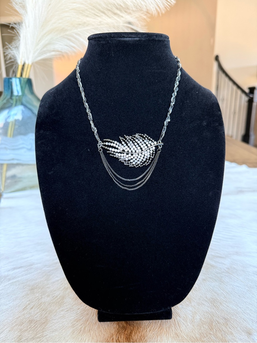 Crystal Leaf Pendant Necklace - Silver and Black Tone